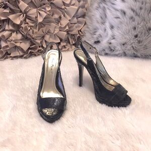 Anne Michelle Woman’s Black Peep Toe Sling Back Platform Stiletto Heels Sz 6